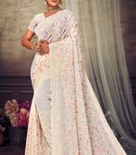 Off White Chikankari Zari Resham Embroidered Georgette Party Wear Saree With Unstitch Blouse Piece