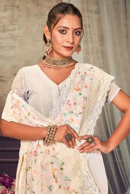 Off White Chikankari Zari Resham Embroidered Georgette Party Wear Saree With Unstitch Blouse Piece 2