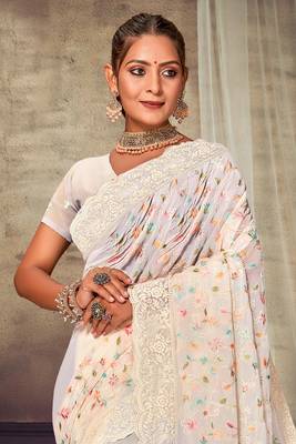 Off White Chikankari Zari Resham Embroidered Georgette Party Wear Saree With Unstitch Blouse Piece 3