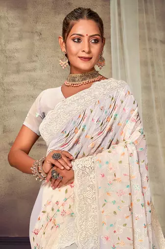 Off White Chikankari Zari Resham Embroidered Georgette Party Wear Saree With Unstitch Blouse Piece