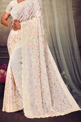Off White Chikankari Zari Resham Embroidered Georgette Party Wear Saree With Unstitch Blouse Piece 4