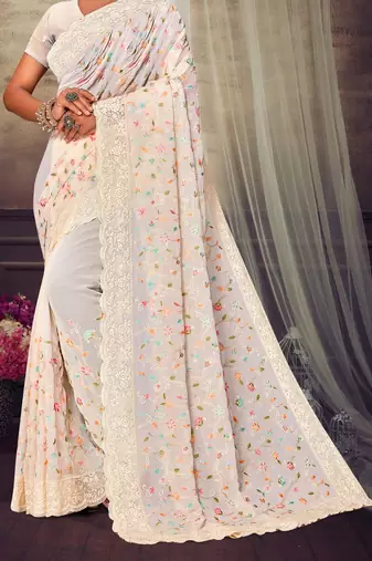 Off White Chikankari Zari Resham Embroidered Georgette Party Wear Saree With Unstitch Blouse Piece
