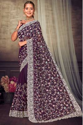 Purple Chikankari Zari Resham Embroidered Georgette Party Wear Saree With Unstitch Blouse Piece 1