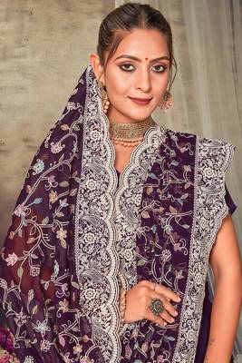 Purple Chikankari Zari Resham Embroidered Georgette Party Wear Saree With Unstitch Blouse Piece 2