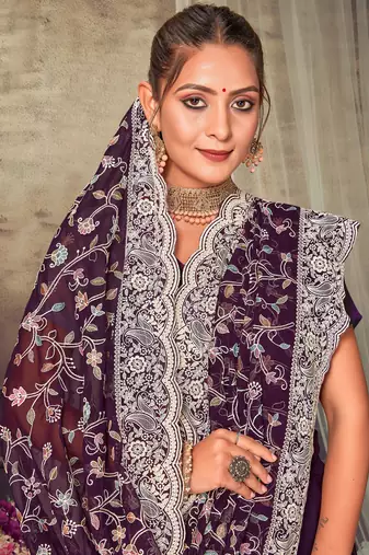 Purple Chikankari Zari Resham Embroidered Georgette Party Wear Saree With Unstitch Blouse Piece