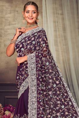Purple Chikankari Zari Resham Embroidered Georgette Party Wear Saree With Unstitch Blouse Piece 3