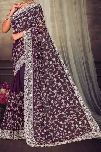 Purple Chikankari Zari Resham Embroidered Georgette Party Wear Saree With Unstitch Blouse Piece