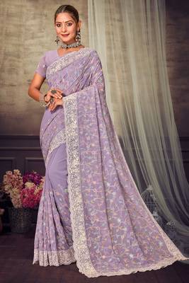 Lavender Chikankari Zari Resham Embroidered Georgette Party Wear Saree With Unstitch Blouse Piece 1