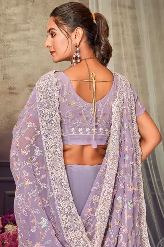 Lavender Chikankari Zari Resham Embroidered Georgette Party Wear Saree With Unstitch Blouse Piece