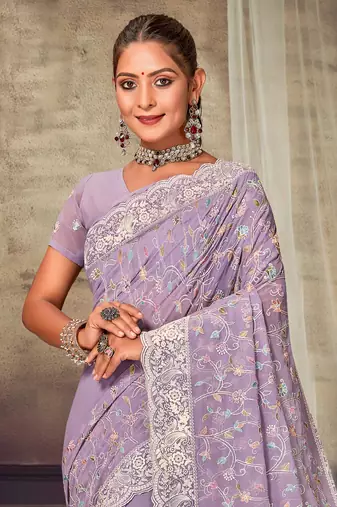 Lavender Chikankari Zari Resham Embroidered Georgette Party Wear Saree With Unstitch Blouse Piece