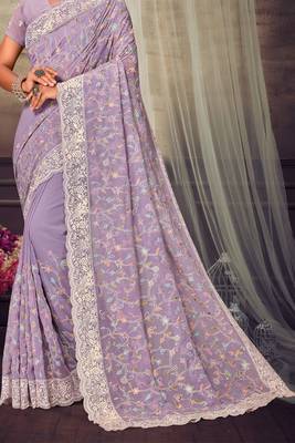 Lavender Chikankari Zari Resham Embroidered Georgette Party Wear Saree With Unstitch Blouse Piece 4