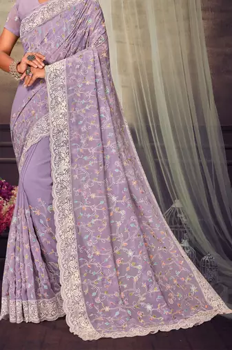 Lavender Chikankari Zari Resham Embroidered Georgette Party Wear Saree With Unstitch Blouse Piece