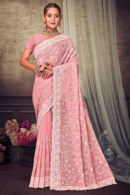 Peach Chikankari Zari Resham Embroidered Georgette Party Wear Saree With Unstitch Blouse Piece 1