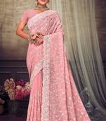 Peach Chikankari Zari Resham Embroidered Georgette Party Wear Saree With Unstitch Blouse Piece