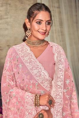 Peach Chikankari Zari Resham Embroidered Georgette Party Wear Saree With Unstitch Blouse Piece 2