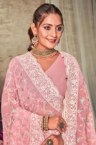 Peach Chikankari Zari Resham Embroidered Georgette Party Wear Saree With Unstitch Blouse Piece