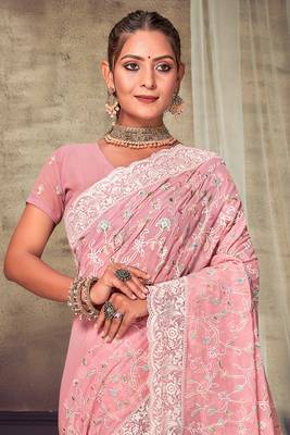 Peach Chikankari Zari Resham Embroidered Georgette Party Wear Saree With Unstitch Blouse Piece 3