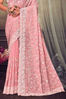 Peach Chikankari Zari Resham Embroidered Georgette Party Wear Saree With Unstitch Blouse Piece 4