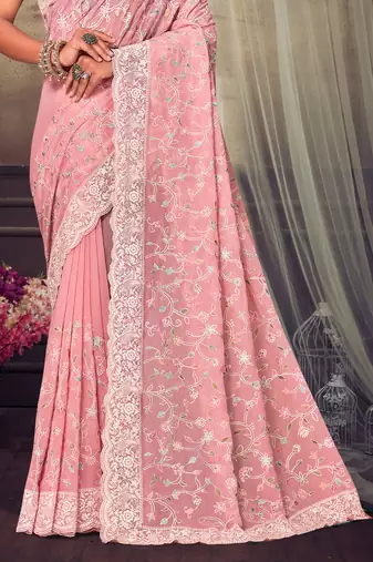Peach Chikankari Zari Resham Embroidered Georgette Party Wear Saree With Unstitch Blouse Piece