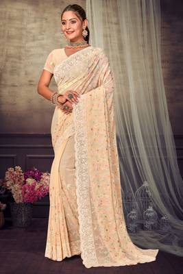 Light Yellow Chikankari Zari Resham Embroidered Georgette Party Wear Saree With Unstitch Blouse Piece 1