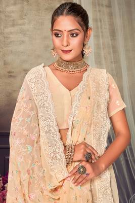 Light Yellow Chikankari Zari Resham Embroidered Georgette Party Wear Saree With Unstitch Blouse Piece 2