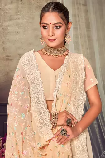 Light Yellow Chikankari Zari Resham Embroidered Georgette Party Wear Saree With Unstitch Blouse Piece