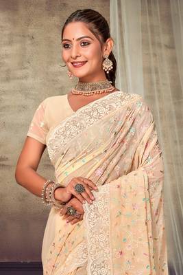 Light Yellow Chikankari Zari Resham Embroidered Georgette Party Wear Saree With Unstitch Blouse Piece 3