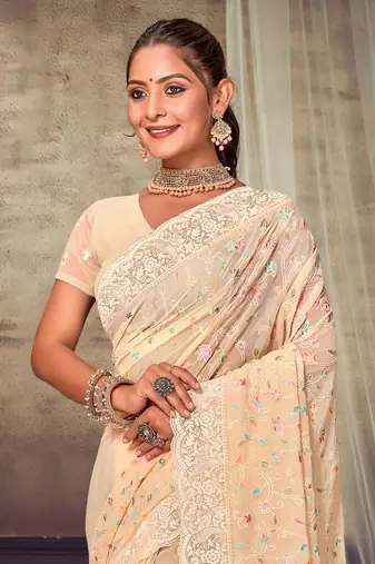 Light Yellow Chikankari Zari Resham Embroidered Georgette Party Wear Saree With Unstitch Blouse Piece
