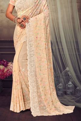 Light Yellow Chikankari Zari Resham Embroidered Georgette Party Wear Saree With Unstitch Blouse Piece 4