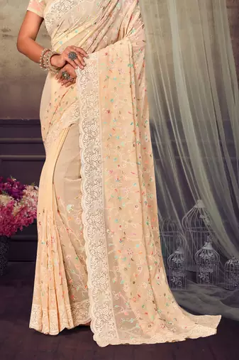 Light Yellow Chikankari Zari Resham Embroidered Georgette Party Wear Saree With Unstitch Blouse Piece
