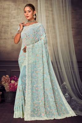 Sky Blue Chikankari Zari Resham Embroidered Georgette Party Wear Saree With Unstitch Blouse Piece 1