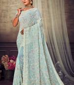Sky Blue Chikankari Zari Resham Embroidered Georgette Party Wear Saree With Unstitch Blouse Piece