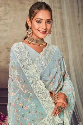 Sky Blue Chikankari Zari Resham Embroidered Georgette Party Wear Saree With Unstitch Blouse Piece 2