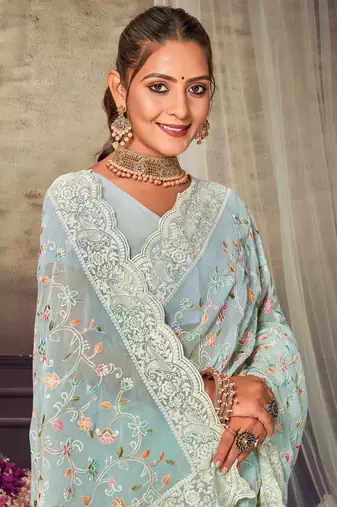 Sky Blue Chikankari Zari Resham Embroidered Georgette Party Wear Saree With Unstitch Blouse Piece