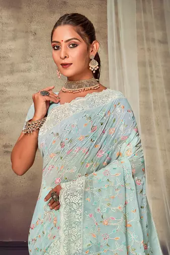Sky Blue Chikankari Zari Resham Embroidered Georgette Party Wear Saree With Unstitch Blouse Piece