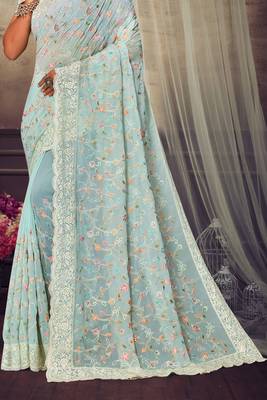 Sky Blue Chikankari Zari Resham Embroidered Georgette Party Wear Saree With Unstitch Blouse Piece 4