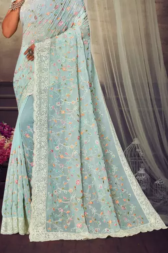 Sky Blue Chikankari Zari Resham Embroidered Georgette Party Wear Saree With Unstitch Blouse Piece