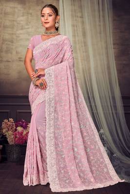 Pink Chikankari Zari Resham Embroidered Georgette Party Wear Saree With Unstitch Blouse Piece 1