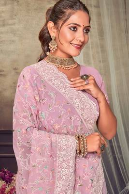 Pink Chikankari Zari Resham Embroidered Georgette Party Wear Saree With Unstitch Blouse Piece 2