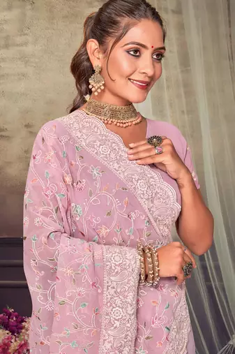 Pink Chikankari Zari Resham Embroidered Georgette Party Wear Saree With Unstitch Blouse Piece