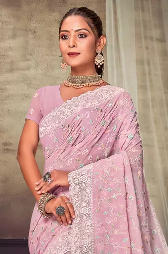 Pink Chikankari Zari Resham Embroidered Georgette Party Wear Saree With Unstitch Blouse Piece
