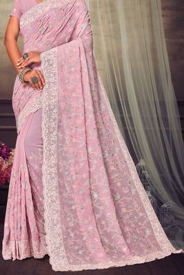Pink Chikankari Zari Resham Embroidered Georgette Party Wear Saree With Unstitch Blouse Piece 4