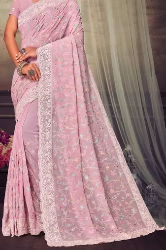 Pink Chikankari Zari Resham Embroidered Georgette Party Wear Saree With Unstitch Blouse Piece
