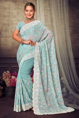 Turquoise Chikankari Zari Resham Embroidered Georgette Party Wear Saree With Unstitch Blouse Piece 1