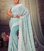 Turquoise Chikankari Zari Resham Embroidered Georgette Party Wear Saree With Unstitch Blouse Piece