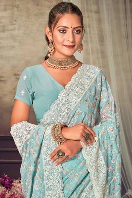 Turquoise Chikankari Zari Resham Embroidered Georgette Party Wear Saree With Unstitch Blouse Piece 2