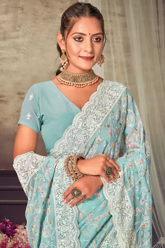 Turquoise Chikankari Zari Resham Embroidered Georgette Party Wear Saree With Unstitch Blouse Piece