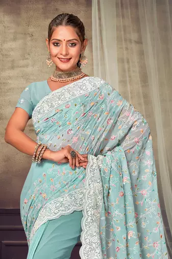 Turquoise Chikankari Zari Resham Embroidered Georgette Party Wear Saree With Unstitch Blouse Piece