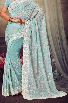 Turquoise Chikankari Zari Resham Embroidered Georgette Party Wear Saree With Unstitch Blouse Piece 4