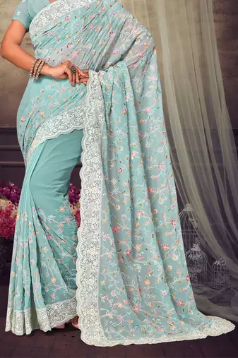 Turquoise Chikankari Zari Resham Embroidered Georgette Party Wear Saree With Unstitch Blouse Piece